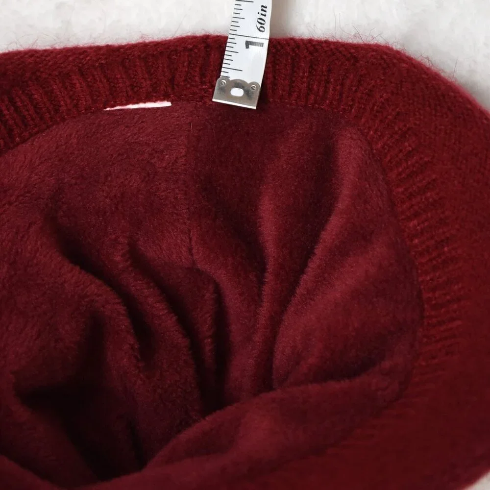 Red Brimmed Knit Beanie Hat Sz O/S Fleece Lined Pom Pom Bavarian Alpine Inspired